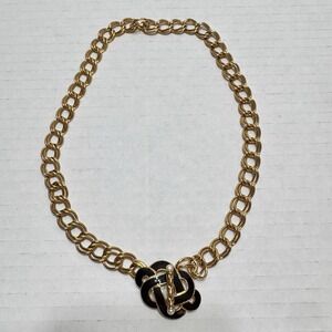 Vtg TRIFARI Black Enamel Gold Tone Necklace Celtic Knot Toggle Closure 18"